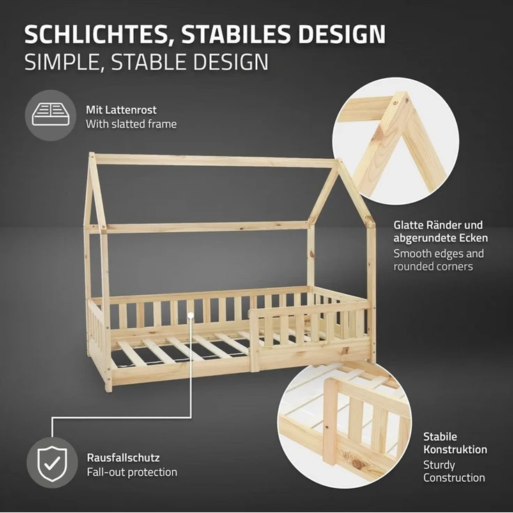 ML-DESIGN Kinderbett Hausbett mit Rausfallschutz, Dach und Lattenrost Massivholz, Bett 80x160 cm Natur mit Matratze 16cm für Mädchen Jungen Holzbett – Bild 4