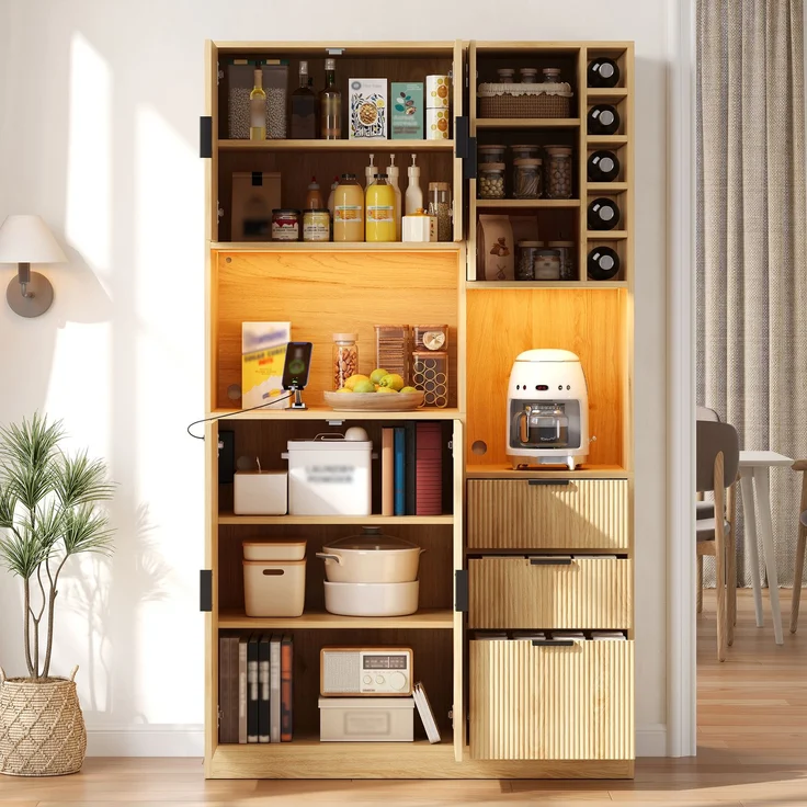 ZUBALIYA Weinschrank 105x40x180 cm, mit LED-Beleuchtung, mit Steckdosen, mit verstellbaren Einlegeböden, aus MDF, Natur – Bild 7