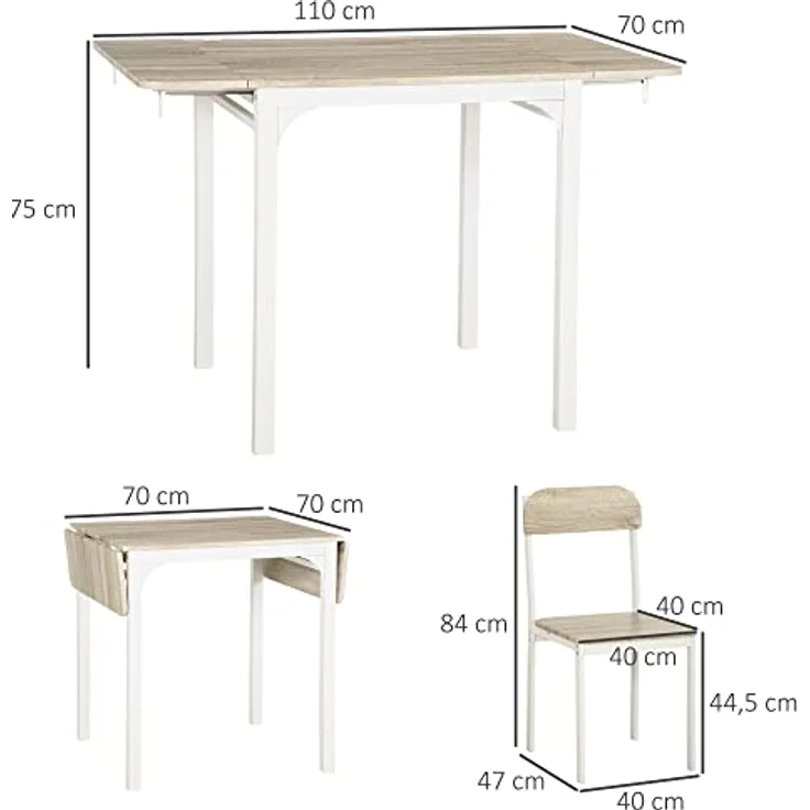 HOMCOM Essgruppe, 3-teiliges Set mit Klapptisch und 2 Stühlen, Natur/Weiß, platzsparend, 70x75x110 cm – Bild 7