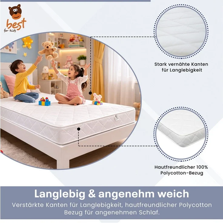 Kindermatratze Babymatratze 11 cm atmungsaktiv weich Baumwolle H2, Best for Kids, 11 cm hoch, (Einzelartikel, 1 × Babymatratze), Atmungsaktiver Schaumkern, fördert gesunde Wirbelsäulenhaltung – Bild 3