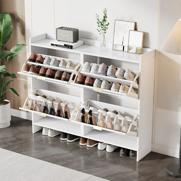 Merax Schuhschrank, mit 4 Klappenfächern, freistehendem Schuhregal, offenen Ablageflächen, geeignet für Eingangsbereich oder Flur, Weiß
