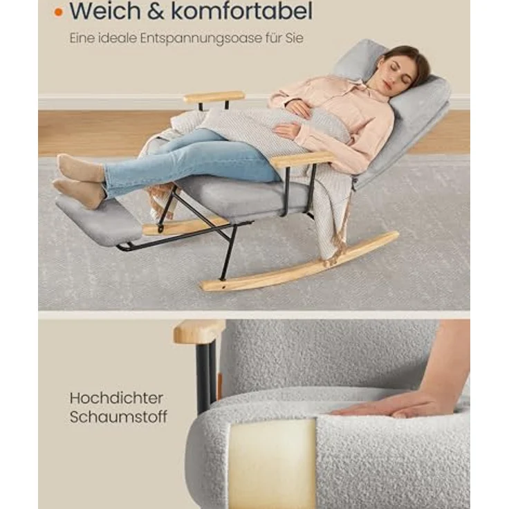 SONGMICS HOME Schaukelstuhl, Füße aus Kautschukholz, Schaukelsessel, Fleece Oberfläche, 4-Fach verstellbare Rückenlehne, bis 160 kg belastbar, für Schlafzimmer, Wohnzimmer, Taubengrau LYY016GD01 – Bild 8