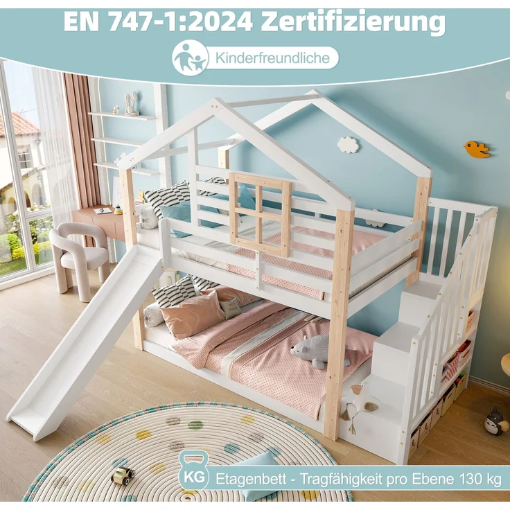 TavilaEcon Etagenbett Kinder-Etagenbett mit Rutsche und Treppe im skandinavisches Stil weiß Liegefläche 90 × 200 cm – Bild 7