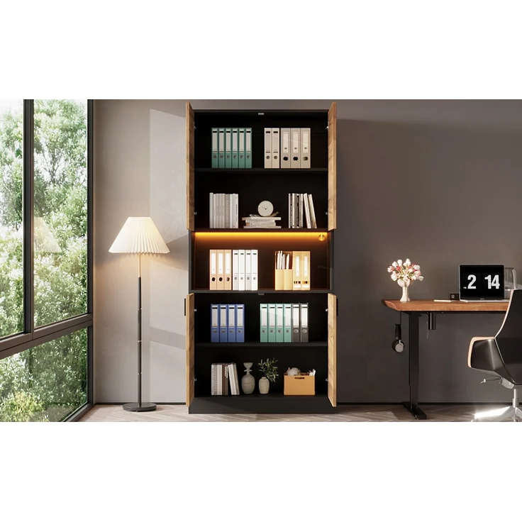 Flieks Aktenschrank 80 x 35 x 180 cm mit LED-Beleuchtung, verstellbaren Einlegeböden und Stauraum, Schwarz-Eiche – Bild 10