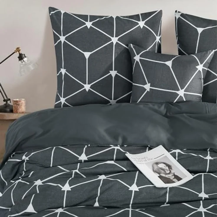 RUIKASI Bettwäsche 200x220 3 teilig Anthrazit - Bettbezug 200x220 Set mit Geometrie Muster, Bettwäsche-Set 220x200 aus Mikrofaser mit Reißverschluss Weich und Bügelfrei – Bild 3