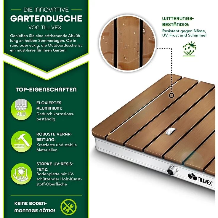 tillvex® Gartendusche eckig outdoor bis 4 m Fontänenhöhe | Bodendusche mit Fußrad | Außendusche rutschfest | Saunadusche wetterfest | Campingdusche aus Aluminium/WPC/Holzoptik – Bild 2