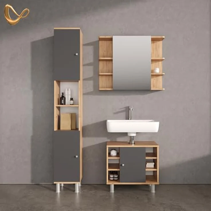 Livinity® Waschbeckenunterschrank Fucino, Anthrazit/Goldkraft Eiche/Goldkraft Eiche, 60 x 54 cm (1-St) – Bild 2