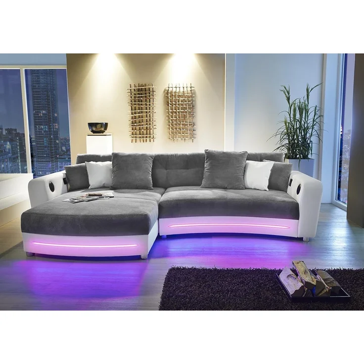 Multimedia-Ecksofa Couch mit RGB-LED Bluetooth Soundsystem USB in Grau / Weiß – Bild 6