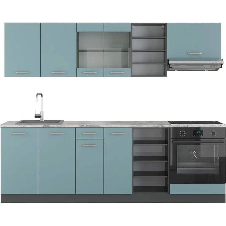 Küchenzeile R-Line Blau-Grau/Anthrazit 240 cm , AP Marmor Vicco – Bild 1