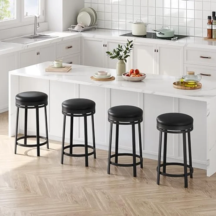 GarveeHome 360°Drehbar Runde Barhocker 2er Set, 62cm Hoch Barstühle mit Fußstütze, Küchenthekenhocker mit PU-Kunstleder und Metallrahmen, Hocker für Bartisch, Küchenstühle für Küche/Bar, Schwarz – Bild 6