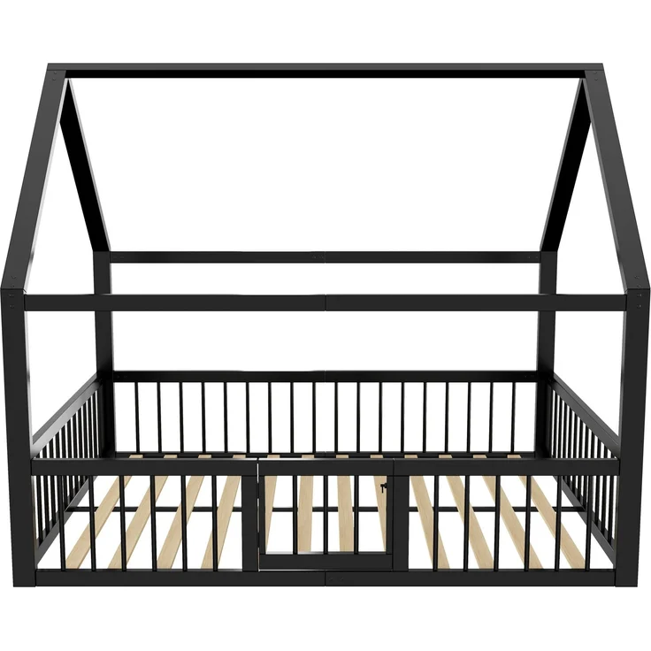 Hausbett mit Lattenrost, Zaun, Tür und Rausfallschutz, 140x200 cm, Metallbett, Kinderbett, Doppelbett, Jugendbett – Bild 8