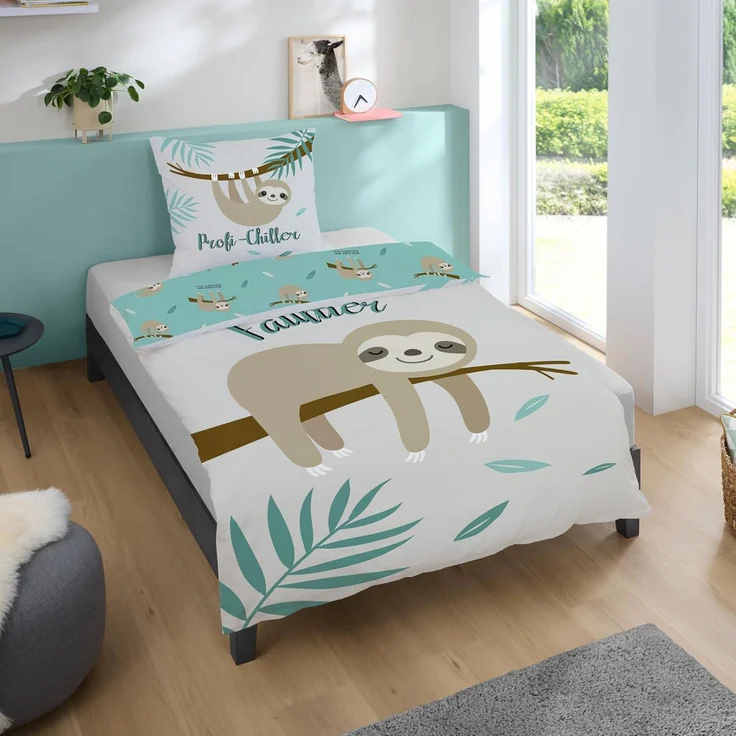 Faultier Wende Bettwäsche Set 135x200 + 80x80 cm Linon mit Reißverschluss – Bild 1