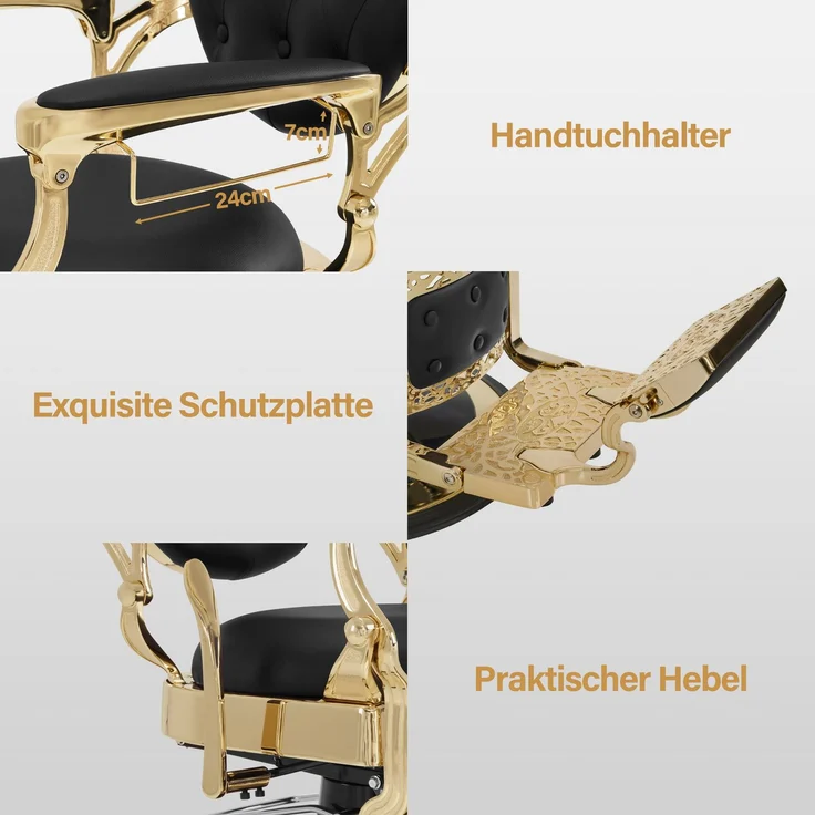 BarberPub Friseurstuhl mit Kopfstütze Kippbar, Friseureinrichtung mit Hydraulikpumpe 360° Drehbar, Höhenverstellbarer Bedienungsstuhl mit Vintage Stil, Kunstleder, 2933GD-F (Gold-Schwarz) – Bild 5