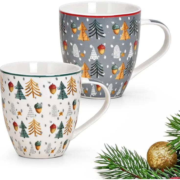 matches21 HOME & HOBBY Tasse Grosse Weihnachtstassen 2er Set Bäume Kaffeetassen, Porzellan, Tee Kaffee-Becher, Weihnachten, modern, grau weiss bunt, 400 ml
