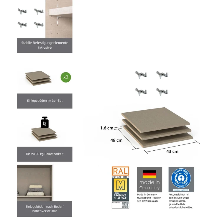 rauch Zubehör, Einlegeböden 3er-Set, für Schwebetürenschränke von rauch mit einer Elementbreite von 45 cm und einer Schranktiefe von 62 cm – Bild 3