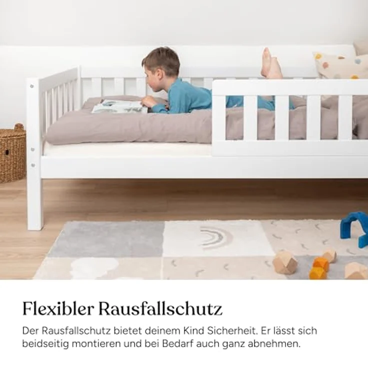 Ehrenkind Kinderbett mit Rausfallschutz aus massivem Kieferholz, Kinderbett 90x200 cm (zeitlos, hochwertig und auch für ältere Kinder geeignet, aus FSC zertifiziertem Holz), Jugendbett, Kinderbett mit Rausfallschutz – Bild 7