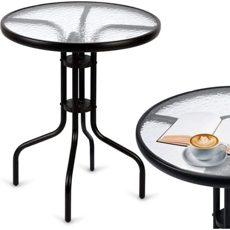 Sofotel Gartentisch Balkontisch Rund Stahl Pulverbeschichtet Glas Gehärtet Metall Schwarz – Bild 1
