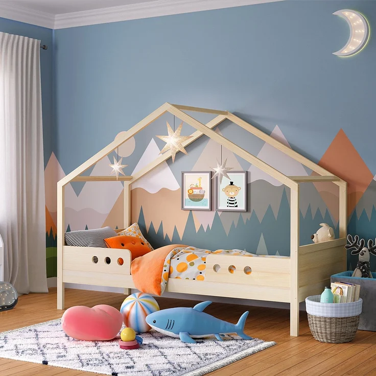 Bellabino 'Bela' Hausbett 90x200 cm, natur, Kiefer Massivholz, Montessori Kinderbett mit Rausfallschutz und Lattenrost – Bild 1