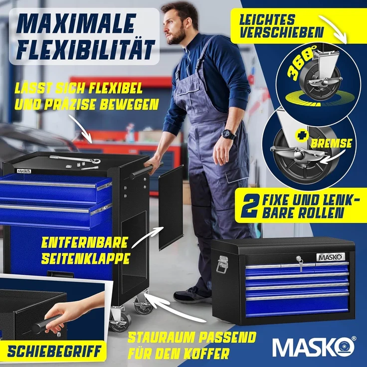 MASKO® Werkstattwagen inkl. Koffer, 9 Fächer, Abschließbar, Massives Metall, Werkzeug-Wagen ohne Werkzeug, Rollwagen zur Werkzeugaufbewahrung, mit Schloss, Blau – Bild 6