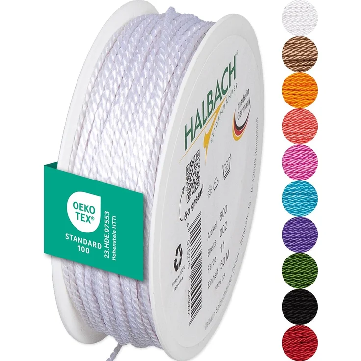 Halbach Seidenbänder Premium Kordel (weiß) | Breite 2mm Länge 50m | Made in Germany & Öko-Tex Zertifiziert | glänzende Satinkordel aus Acetat