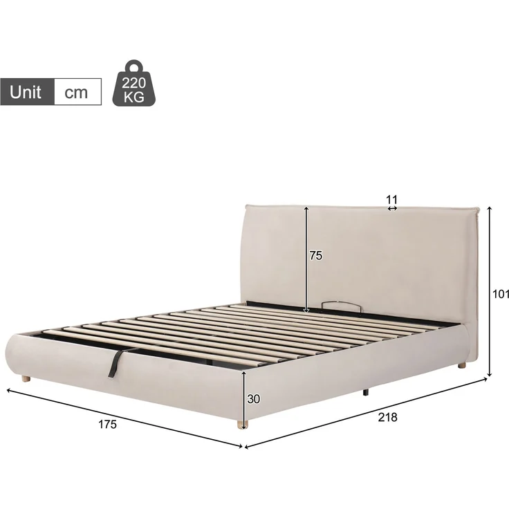 Polsterbett mit Bettkasten, Liegefläche 160×200 cm, hydraulisch, Samt in Creme, ohne Matratze – Bild 5