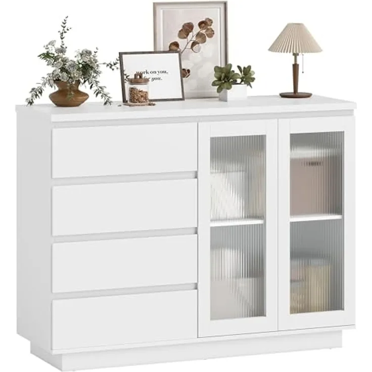 HOMCOM Sideboard Beistellschrank mit 4 Schubladen, 2 Türen (Aufbewahrungsschrank, 1 St, Küchenschrank), mit verstellbarem Einlegeboden, Weiß