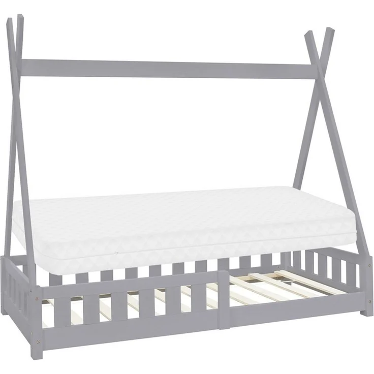 ML-DESIGN Spielbett Hausbett Tipi Zeltbett inkl. Lattenrost Bodenbett Kinder Himmelbett, Abenteuerbett mit Rausfallschutz Zelt Bett Kiefer Grau Kinderhaus – Bild 1