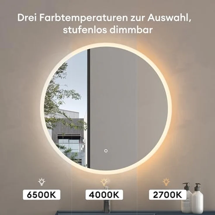 dopporo LED Badspiegel Rund 80cm, Wandspiegel mit Touchschalter, Antibeschlag und stufenlosem Dimmen (2700k-6500k) – Bild 4