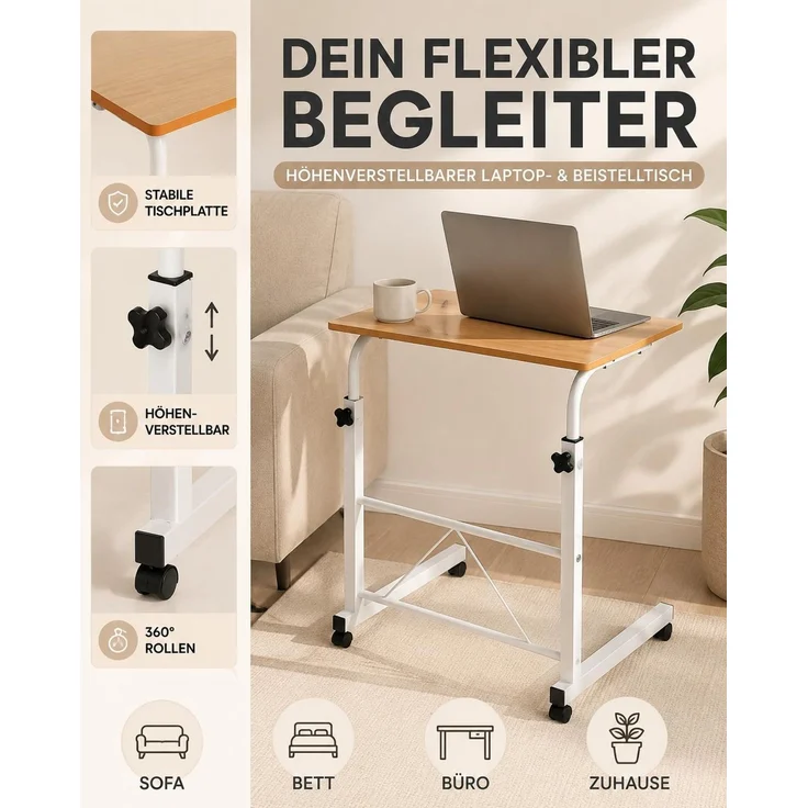 Laptoptisch, Mobiler Schreibtisch, Höhenverstellbar Beistelltisch, Notebooktisch mit Rollen, 60x40 cm – Bild 3