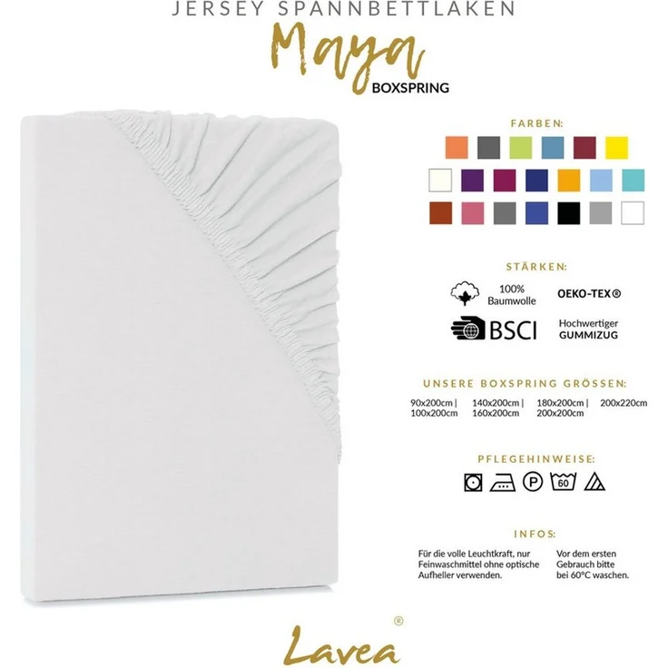 Lavea Spannbettlaken Bettlaken Maya, 180x200cm, 200x200cm, 140x200cm, 160x200cm, 100% Baumwolle Jersey, Gummizug: rundum, (2 Stück), für Matratzen, Topper, Boxspring- und Wasserbetten, weich, langlebig – Bild 3