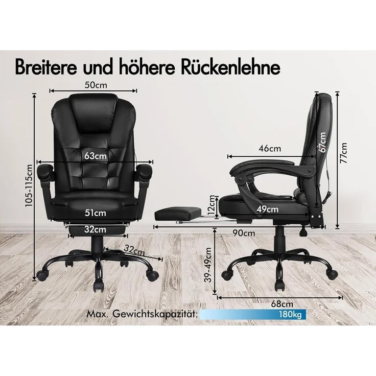 Ergonomischer Bürostuhl Leder Schwarz Massage Lordosenstütze – Bild 2
