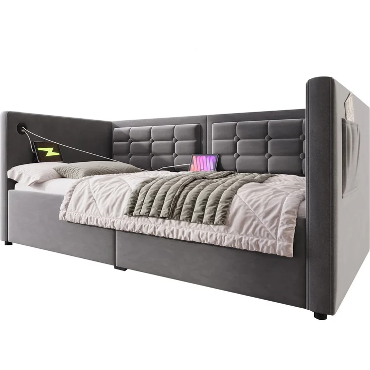 EINHOM Polstertes 90 x 200 cm, Einzelbett Schlafsofa mit Hydraulischem Stauraum und USB & Type-C Ladestation, Gästebett mit Holzlattenrost, Samt, Grau, (Ohne Matratze) – Bild 6