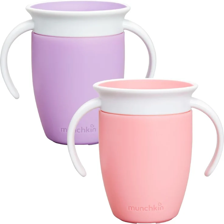 Munchkin Miracle 360°-Trinkbecher für Babys und Kleinkinder, 2er-Set, BPA-frei, mit Griffen, auslaufsicher & spülmaschinenfest, für Kinder ab 6 Monaten - 207 ml, rosa/lila