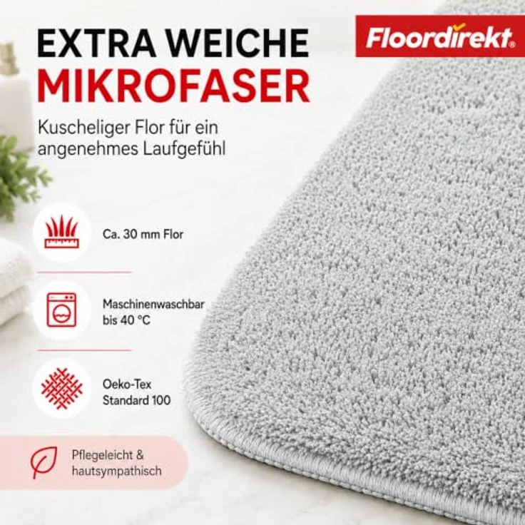 Floordirekt Badematte Sky, Hochflor Badezimmerteppich, rutschhemmend & schnell trocknend, geeignet für Fußbodenheizung, Silbergrau, 60 x 100 cm – Bild 5