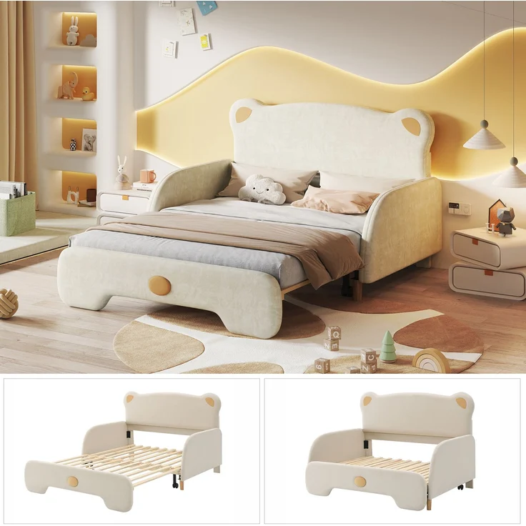 Polsterbett in Bärenform 140x200 cm, Kinderbett und Tagesbett mit Ausziehbett, weichen Schutzkanten und Samtbezug, Beige – Bild 6