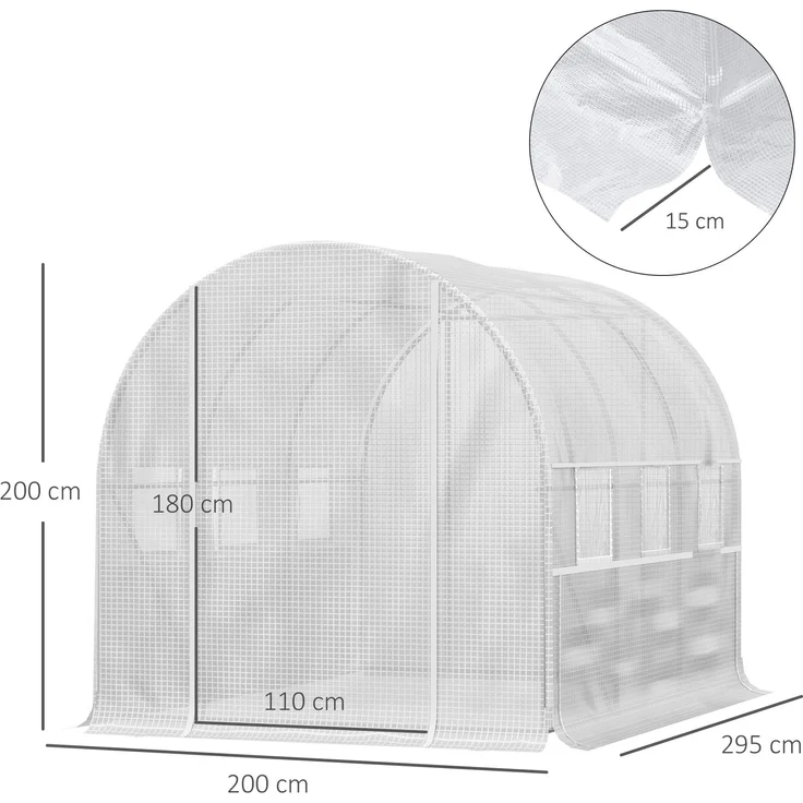 MELAYR, Foliengewächshaus, 6 aufrollbare Fenster, Tür mit Reißverschluss, rostfreier Stahlrahmen, 2.95 x 2 x 2 m, Weiß – Bild 5