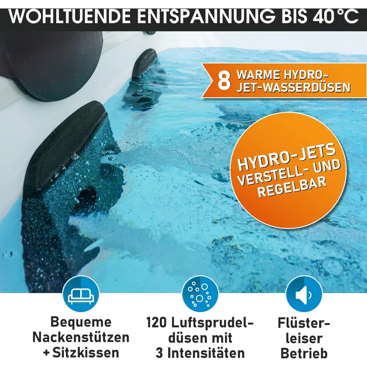 BRAST Whirlpool 'MSpa Oslo', 160 x 160 x 65 cm, mit fester Außenwand, LED-Beleuchtung (20 Farben), für 6 Personen, 120 Massagedüsen, ganzjähriger Einsatz, winterfest, für Indoor & Outdoor – Bild 3