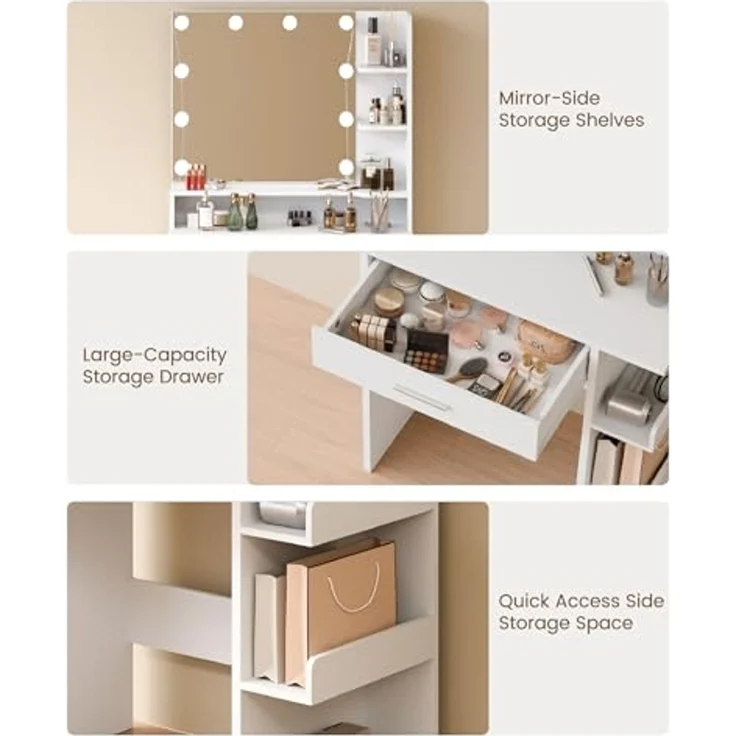 Mondeer Schminktisch mit Spiegel und 10 LED-Lichtkugeln, Frisiertisch mit 1 Schublade und 7 Offenen Fächern, 3 Farben mit Einstellbarer Helligkeit, Weiß, 67 x 36 x 138 cm – Bild 5