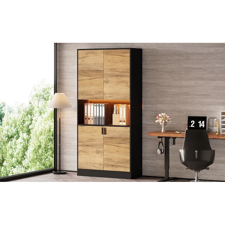 ZUBALIYA Aktenschrank 80x35x180cm mit LED-Beleuchtung, Mehrzweck-Aufbewahrungsschrank aus Holz, Hochschrank mit verstellbaren Einlegeböden, Sideboard für Büro Wohnzimmer Flur,Aktenschrank,Flurschrank – Bild 14