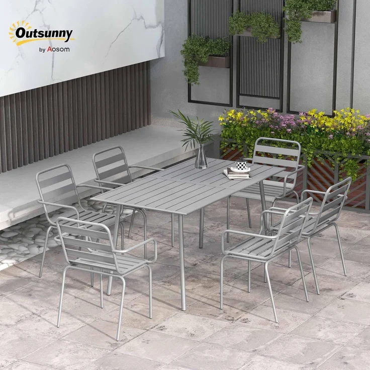 Outsunny Garten-Essgruppe Sitzgruppe mit 1 Esstisch, 6 stapelbaren Stühlen, (Gartengarnitur, 7-tlg, Sitzgarnitur), für Balkon, Terrasse, Stahl, Hellgrau – Bild 2