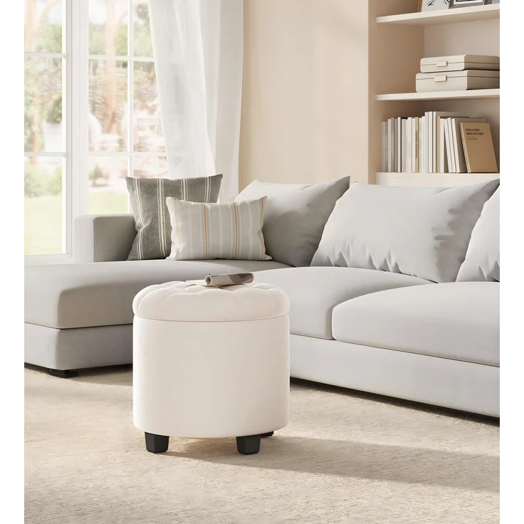 SONGMICS Sitzhocker rund, Fußhocker mit Stauraum, Schminkhocker mit Füßen, 45 x 45 x 44,5 cm, Samt, bis 150 kg belastbar, für Wohnzimmer Schlafzimmer, cremeweiß – Bild 2