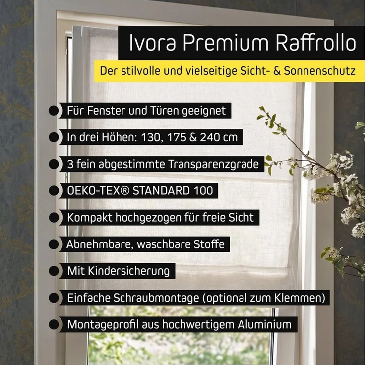 Victoria M. Raffrollo Klemmfix Ivora Premium 70x130cm Elfenbein-Meliert Blickdicht, mit Klemmträger, ohne Bohren, freihängend, Ohne Bohren – Bild 4