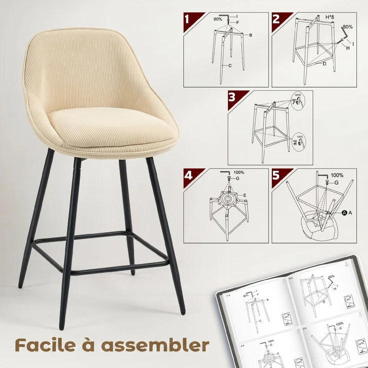 2er-Set Barhocker aus Cord, Barstühle mit geschwungener Rückenlehne, Fußstütze, 49 x 52 x 88 cm, beige – Bild 9