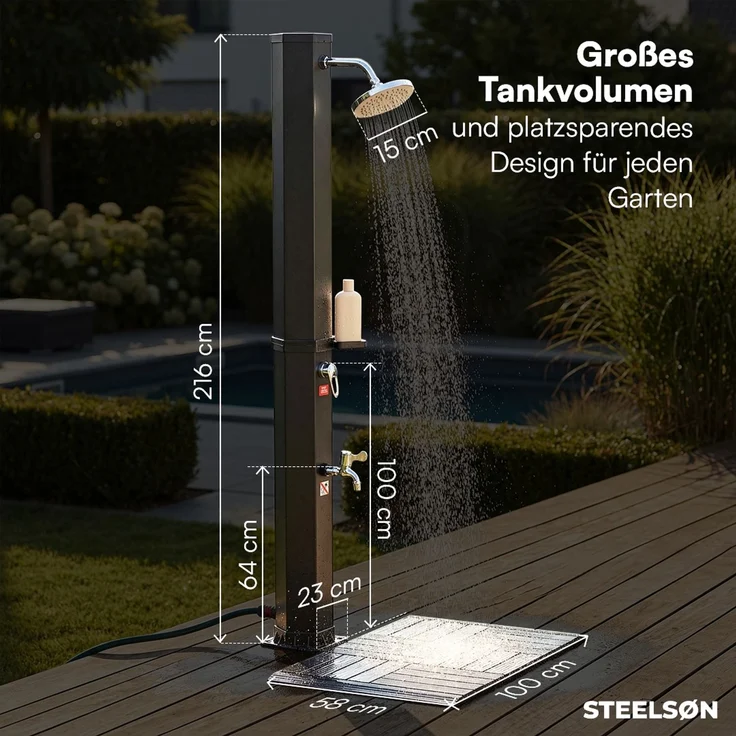 STEELSØN 'Xypher' Solardusche 60L, hexagon, schwarz, warmes Wasser bis 60°C, schwankender Regenduschkopf und Wasserhahn, Gartendusche inkl. Kunststoffboden und Schutzhaube – Bild 8