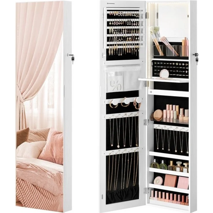 SONGMICS Schmuckschrank 140 cm hoch, Schmuckorganizer mit beleuchtetem Innenspiegel, Spiegelschrank wand- oder türmontiert, abschließbar, Geschenkidee, wolkenweiß JJCDE032W01 – Bild 4