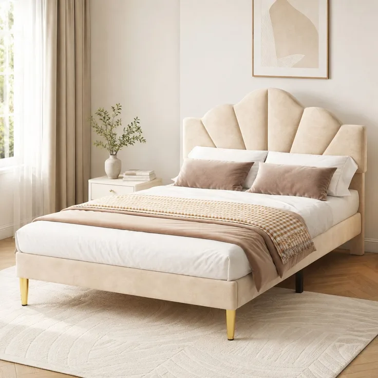 Polsterbett 140×190 cm mit höhenverstellbarem Kopfteil, Samtbezug, Beige, ohne Matratze