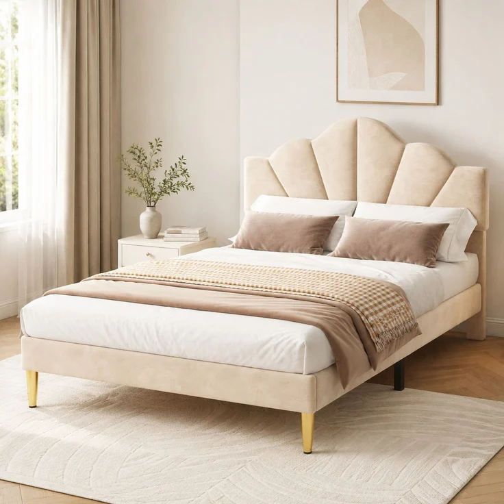 Polsterbett 140×190 cm mit höhenverstellbarem Kopfteil, Samtbezug, Beige, ohne Matratze – Bild 1