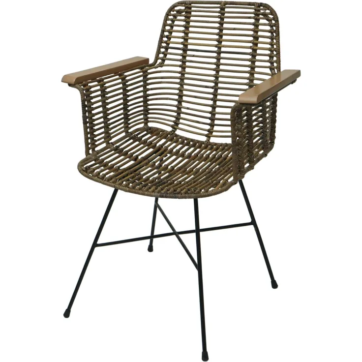 Esszimmerstuhl HWC-M29, Küchenstuhl Korbstuhl Rattansessel Rattanstuhl Stuhl mit Armlehnen, Kubu Rattan Holz Metall
