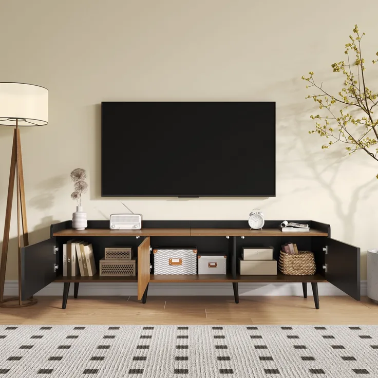 Stylischer TV-Schrank mit 3 Türen, 160 cm, Schwarz und Holz, stabil und geräumig, 160x39x49.5cm