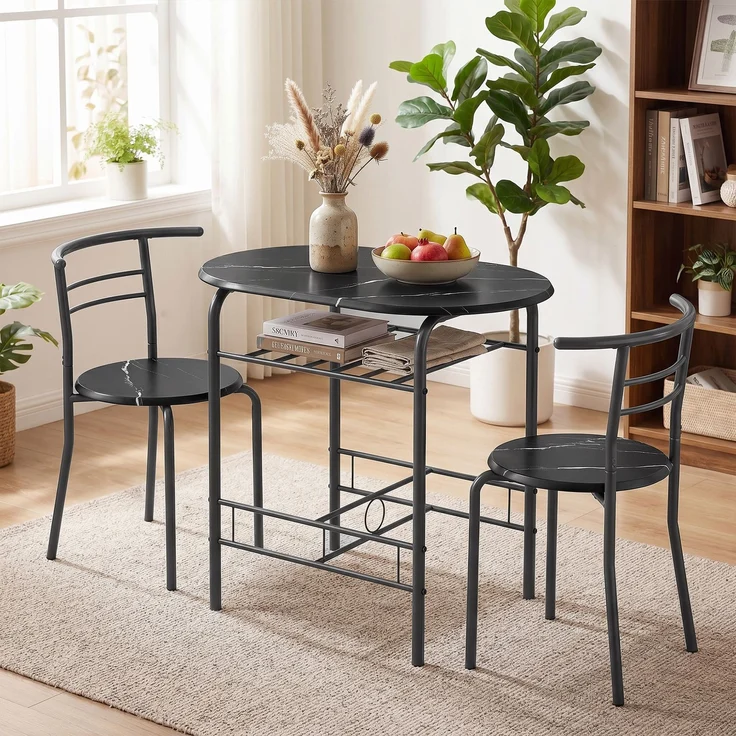 MELAYR, Essgruppe 3-teilig, Küchentisch und Stühle für 2 Personen mit Regal, Wohnzimmer, 80 x 52 x 76 cm, Schwarz – Bild 4